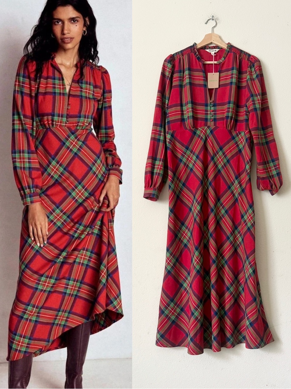 NWT Boden SIZE 10 Cassie Check Tea long sleeve midi dress in red Tartan Plaid